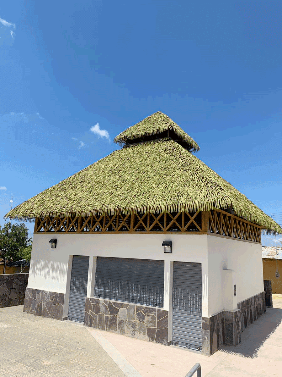 Toiture de palme synthétique Palmita de couleur verte installée sur une villa - Boutique Palmex