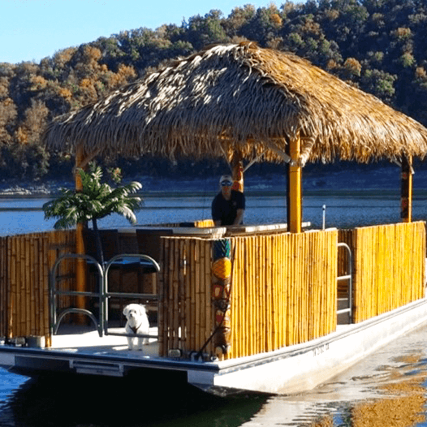 Bateau de type ponton au style tiki avec toit pergola à la toiture en feuille de palmier Palmita - Boutique Palmex