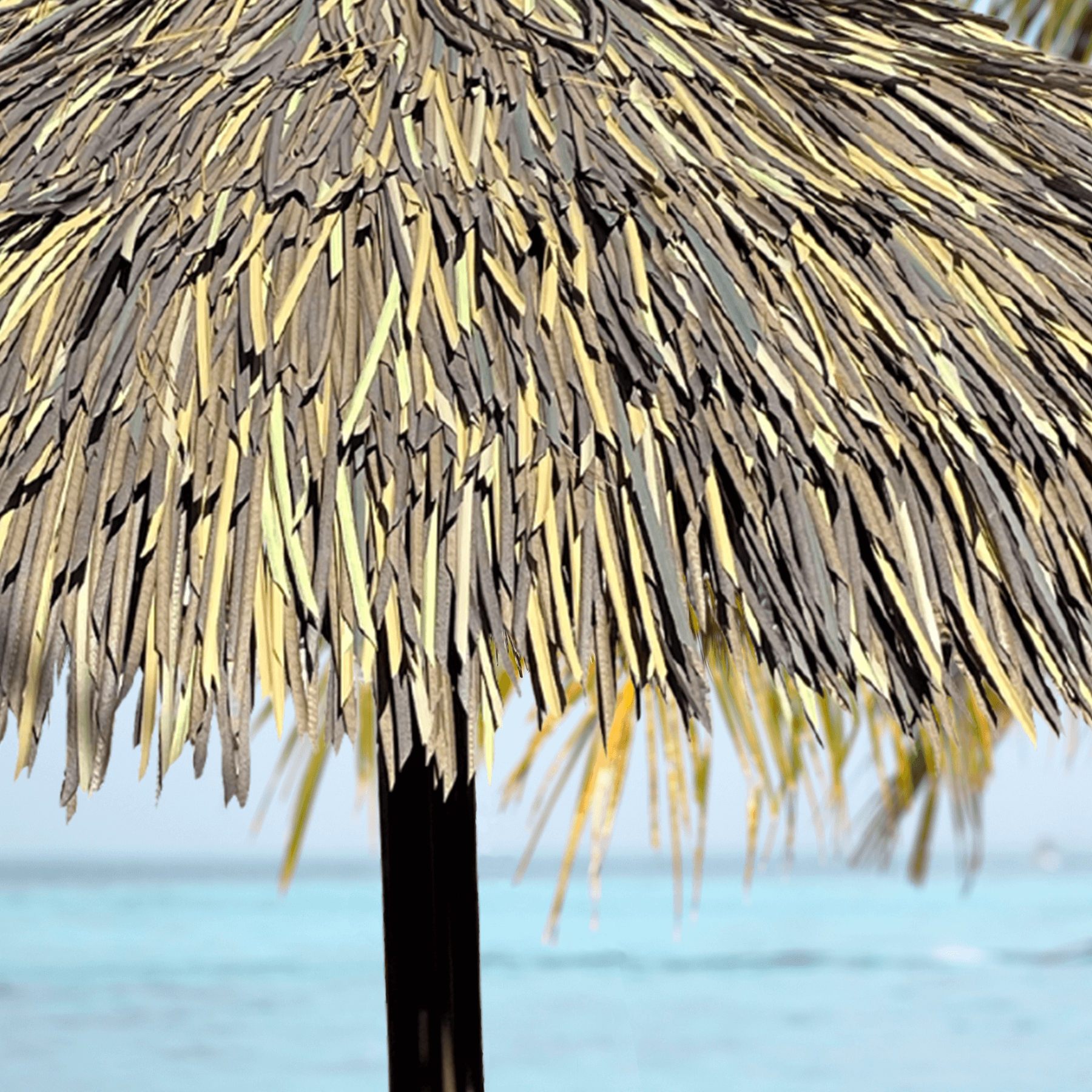 Feuilles synthétiques Sumatra de couleur brune, naturel et vert installées sur un parasol sur la plage - Boutique Palmex